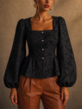 Women Vintage Square Neck Jacquard Peplum Puff Sleeve Blouse