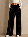Womens Grunge Style Velvet Elastic High Waisted Wide Leg Pants