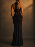 Women Halter Neck Sheer Mesh Ruched Draped Maxi Dress