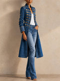 Women Military Button Long Jacket Slim Fit Denim Trench Coat