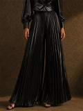 Women Satin Pleated Wide Leg High Waist Palazzo Pants