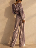 Women Hooded Tracksuit Zip Up Top Wide Leg Pants Set