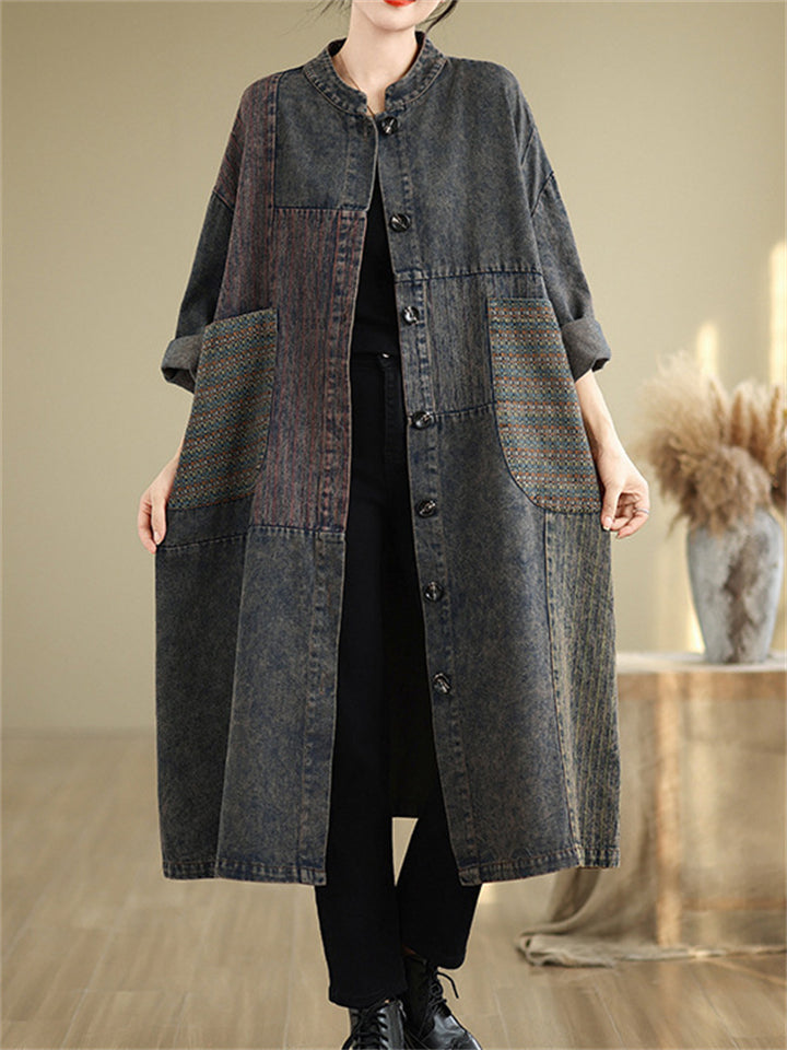 Women's Distressed Patchwork Denim Trench Coat