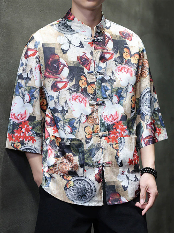Men's Summer Cool Chinese Style Printed Stand Collar Half Sleeve TangSuit Shirt