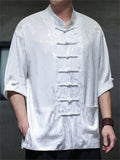 Men's Chinese Style Jacquard Short Sleeve Shirt with Stand Collar