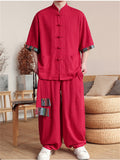 Chinese Ethnic Style Button Linen Tops and Wide Leg Pants Set for Men