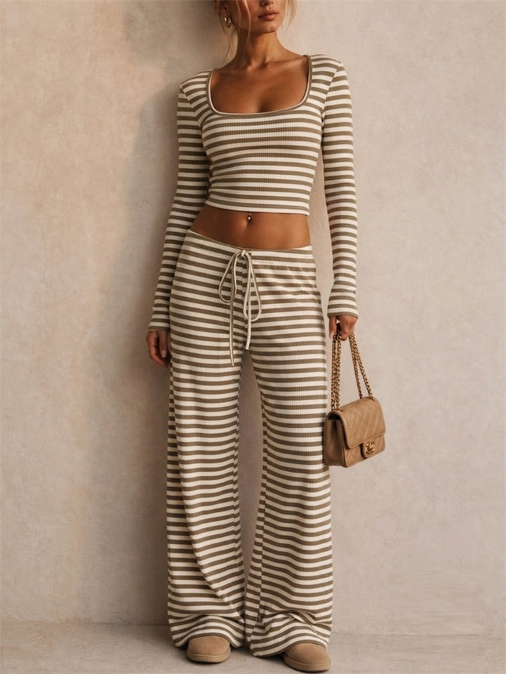 Womens Striped Ribbed Long Sleeve Crop Top Wide Leg Pants 2pc Set