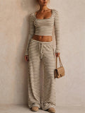 Womens Striped Ribbed Long Sleeve Crop Top Wide Leg Pants 2pc Set