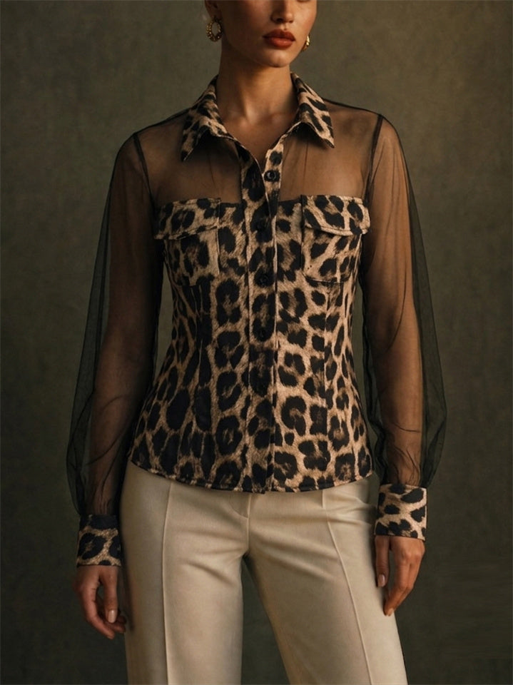 Women Leopard Print Sheer Mesh Button Down Blouse Top