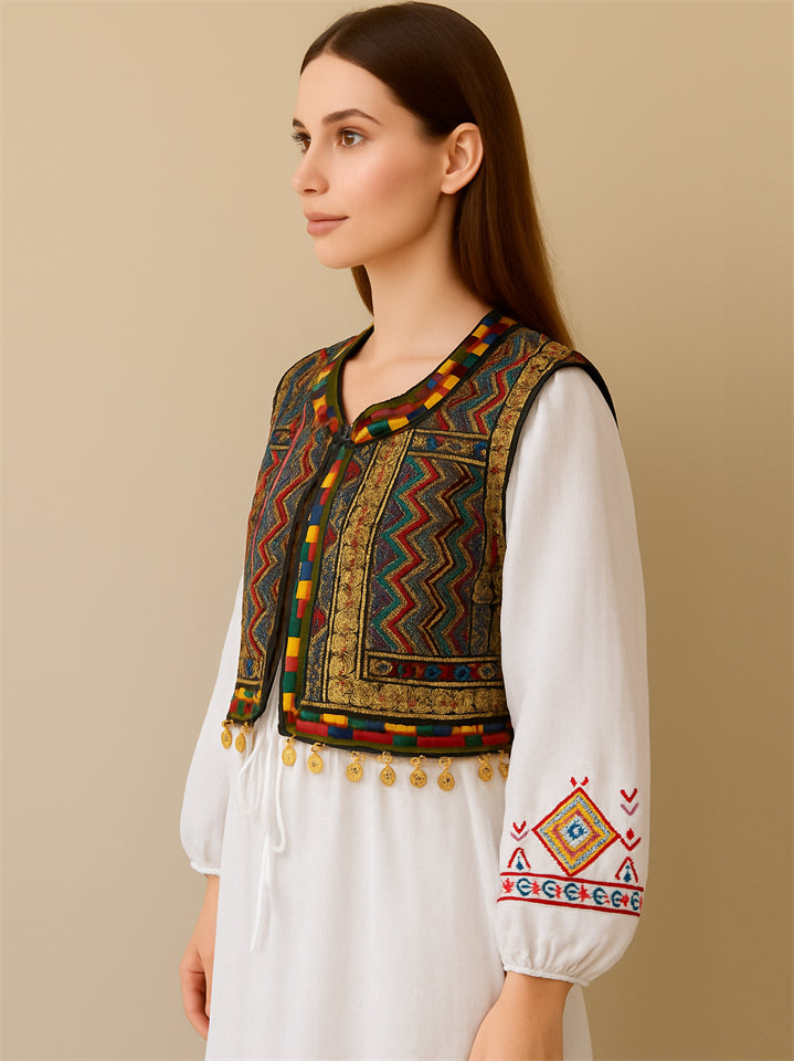 Women's Ethnic Style Patchwork Vest with Metal Pendant Decoration