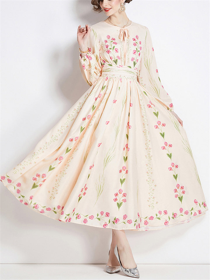 Women's Elegant Long Sleeve Floral Print Big Hem Dress