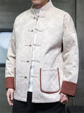 Mens Chinese Style Contrast Trim Jacquard Brocade Tang Suit Warm Coats