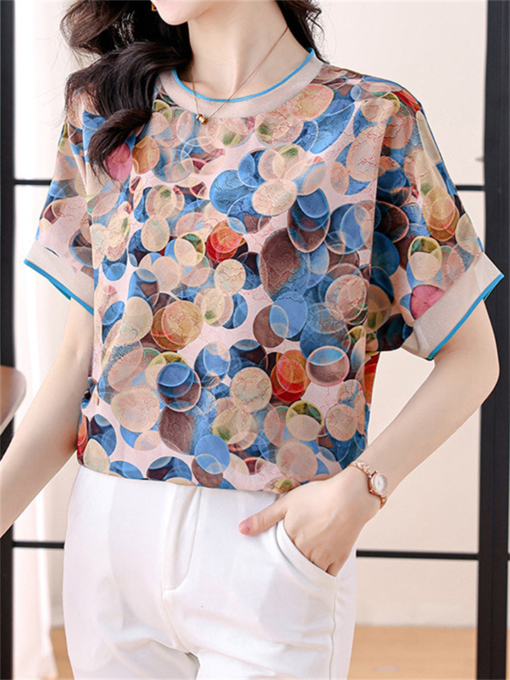 Comfy Elegant Summer Chiffon O-Neck Short Sleeve Shirt for Women
