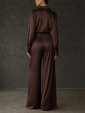 Women 2 Piece Chian Decor Brown Satin Shirt and Wide Leg Pants Set
