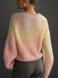 Women' s Color Block Ombre Fuzzy Mohair V Neck Scalloped Button Cardigan