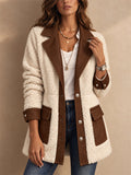 Women Color Block Fleece Button Down Teddy Jacket with Pockets