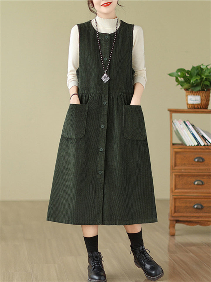 Women's Solid Color Round Neck Pockets Corduroy Vest Dress