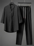 Men's 2Pcs V Neck Stand Collar Half Sleeve Solid Color Outfits