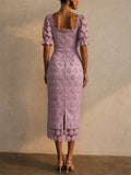 Women Elegant Crochet Square Neck Puff Sleeve Midi Dress