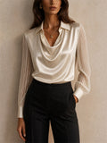 Womens Satin Cowl Neck Sheer Striped Sleeve Blouse