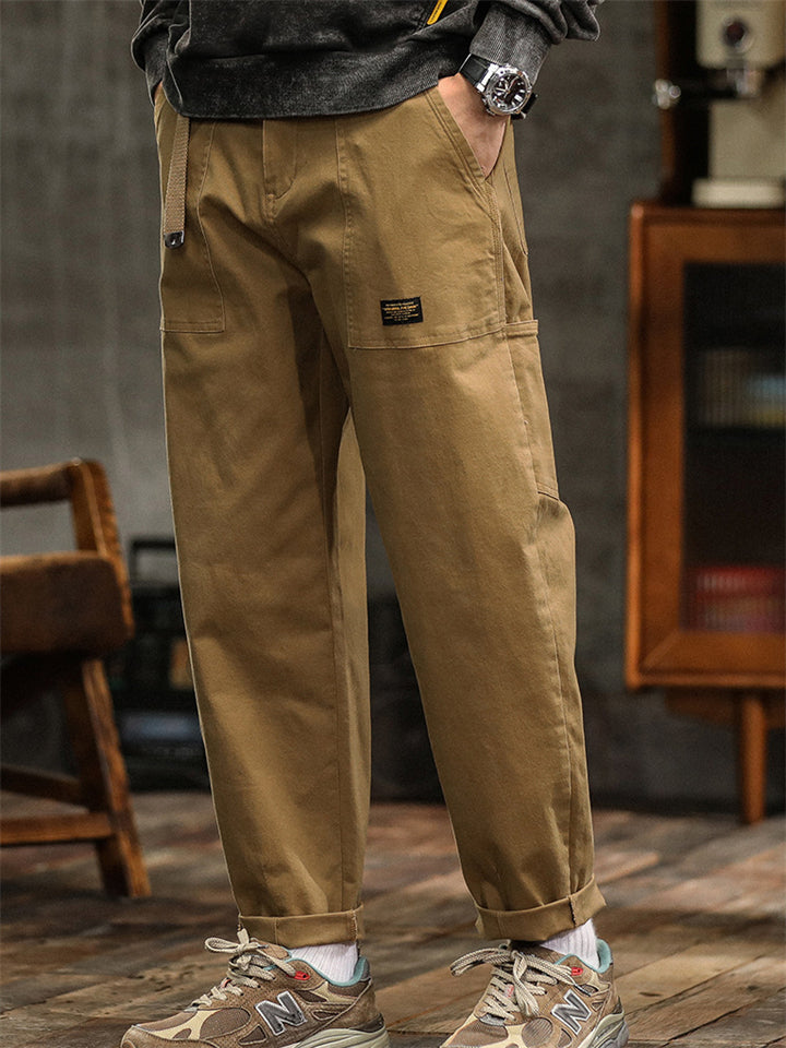 Men's Japanese Style Cotton Solid Color Pockets Straight Cargo Pants with Belt