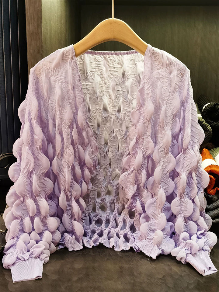 ‌Women's Bubble Design Pleated Ruffled Sleeve Cardigan Shirts
