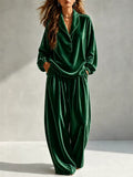 Women Velvet Lounge Set Half Button Notch Collar Top and Wide Leg Pants