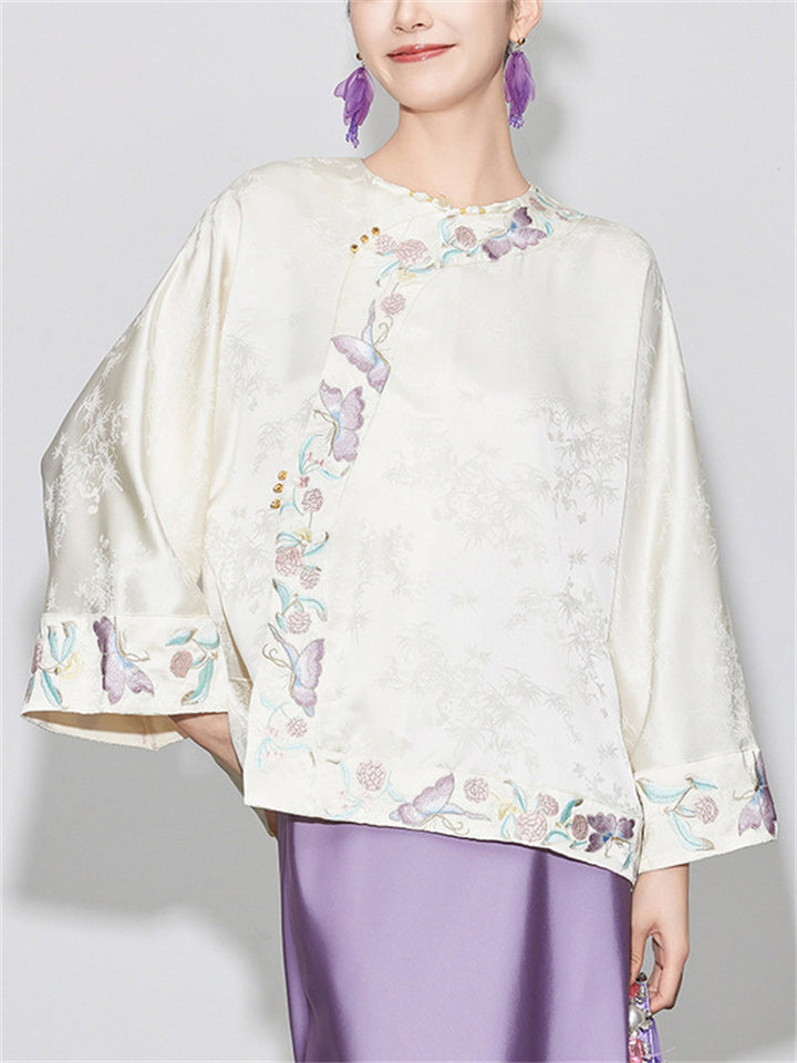 Chinese Style Round Neck Long Sleeve Jacquard Shirt for Women