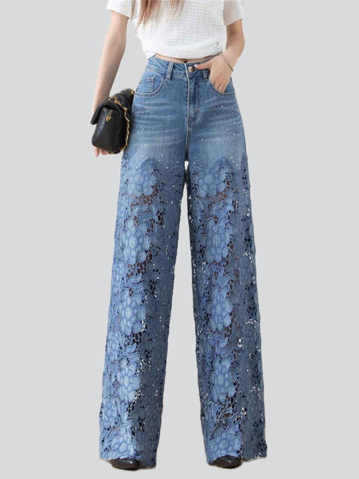 Women's Lace Flower Splicing High Waist Straight-Leg Jeans
