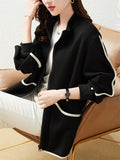 Women's Casual Stand Collar Contrast Trim Cardigan Jacket
