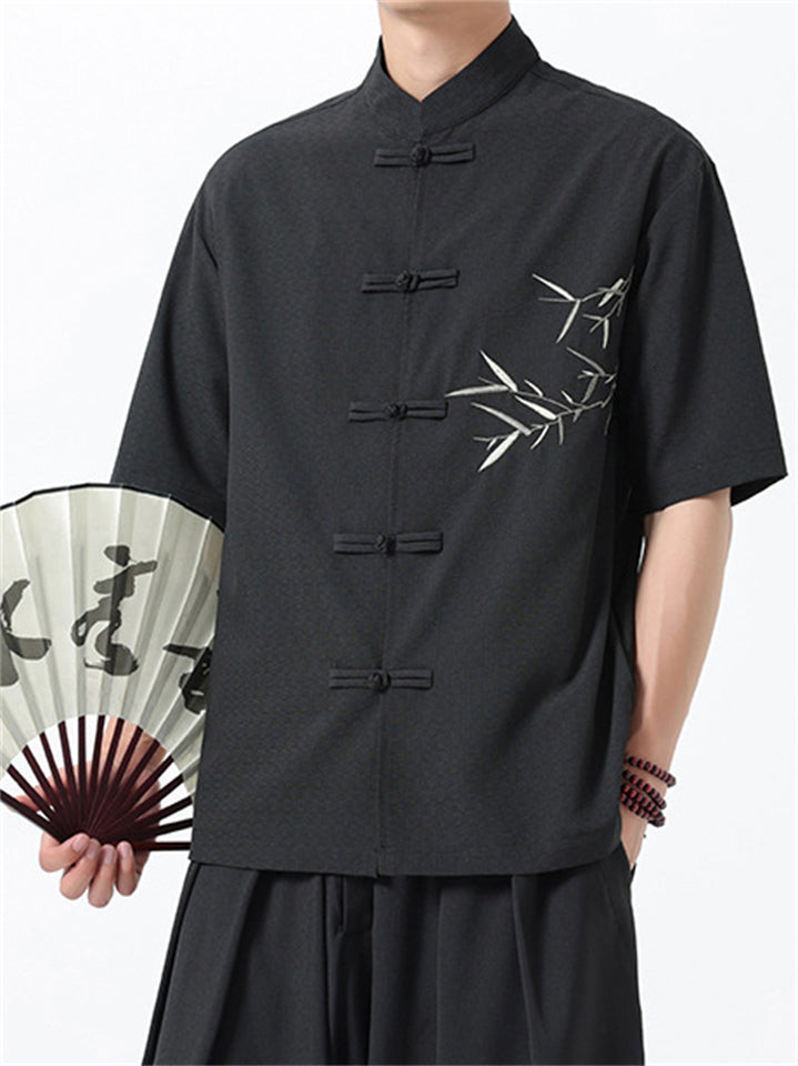 Men's Chinese Style Leaf Printed Stand Collar Short Sleeve Shirt