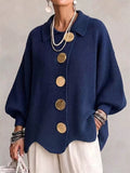 Women Oversized Knit Cardigan Gold Button Collared Sweater