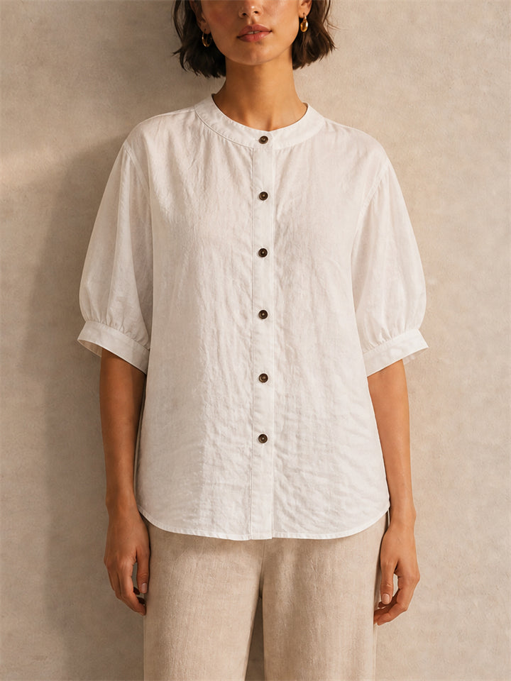 Women Linen Blend Puff Sleeve Button Down Summer Blouse