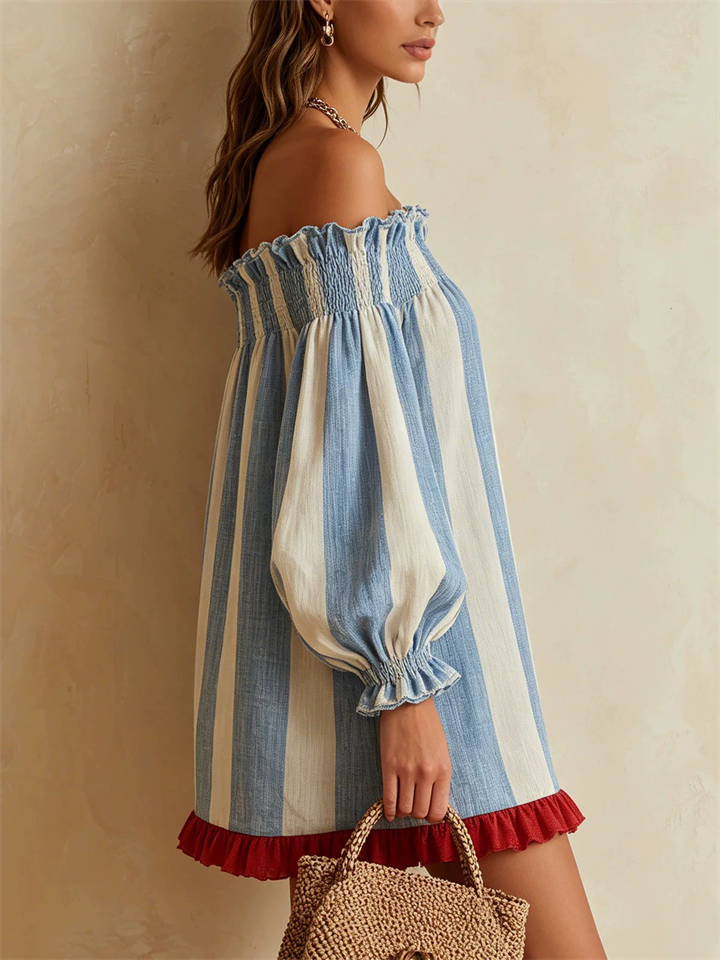 Women Blue Striped Off Shoulder Lantern Sleeve Ruffle Dress