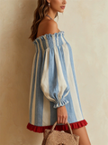 Women Blue Striped Off Shoulder Lantern Sleeve Ruffle Dress