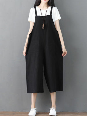 Summer Female Solid Color Wide Leg Overall Cropped Jumpsuits