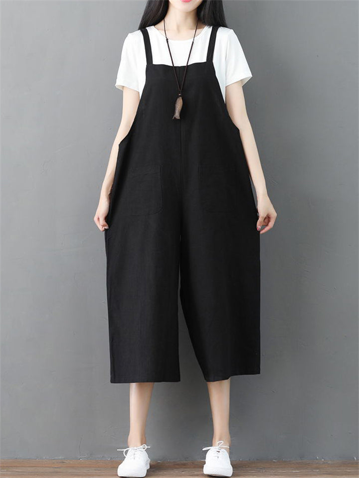 Summer Female Solid Color Wide Leg Overall Cropped Jumpsuits
