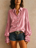Women Velvet Ruffle Blouse Long Sleeve Button Down Shirt