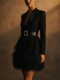 Women Black Feather Trim Party Blazer Dress with Rhinestone Belt