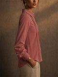 Womens Pink Long Sleeve Pintuck Pleated Button Down Blouse
