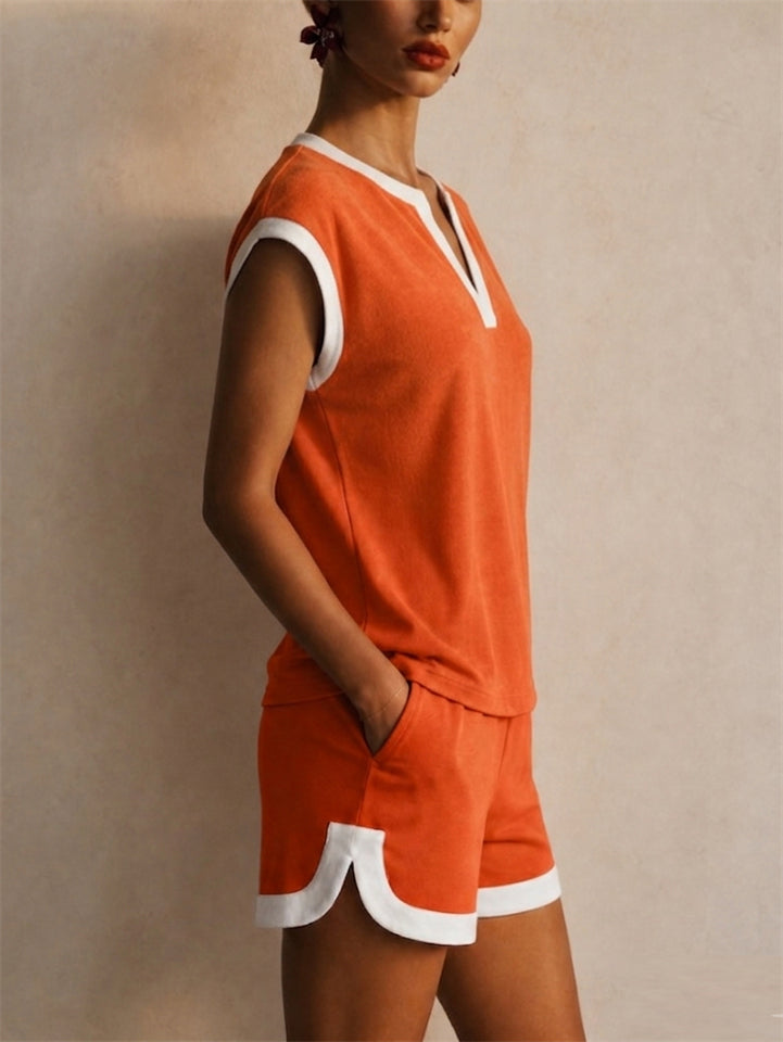 Womens Casual Contrast Trim V Notch Neck Shorts 2pc Set