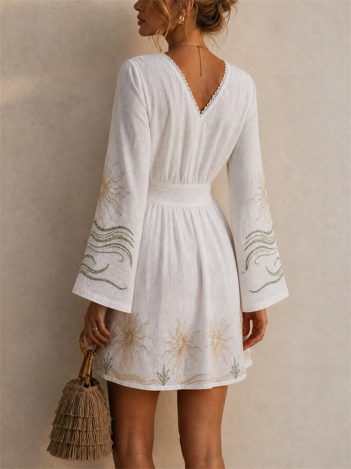 Womens White Boho Sun Print Bell Sleeve Mini Dress with Lace Trim