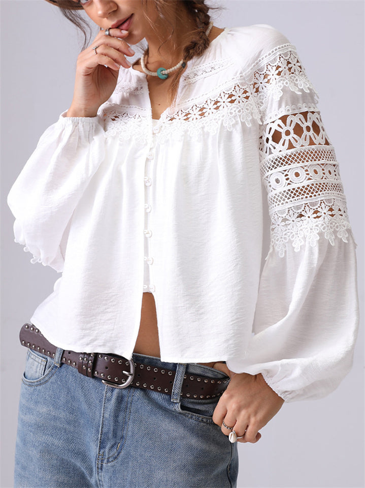 Women's French Style Hollow Lace Cardigan Puff Sleeve Shirt