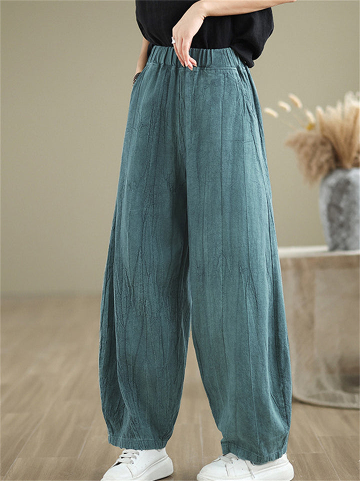 Women's Solid Color Cotton Linen Elastic Waist Wide Leg Pants