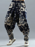 Men's Chinese Loong Print Elastic Waist Drop Crotch Pants
