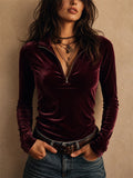 Womens Vintage Velvet Quarter Zip Slim Fit Long Sleeve Top