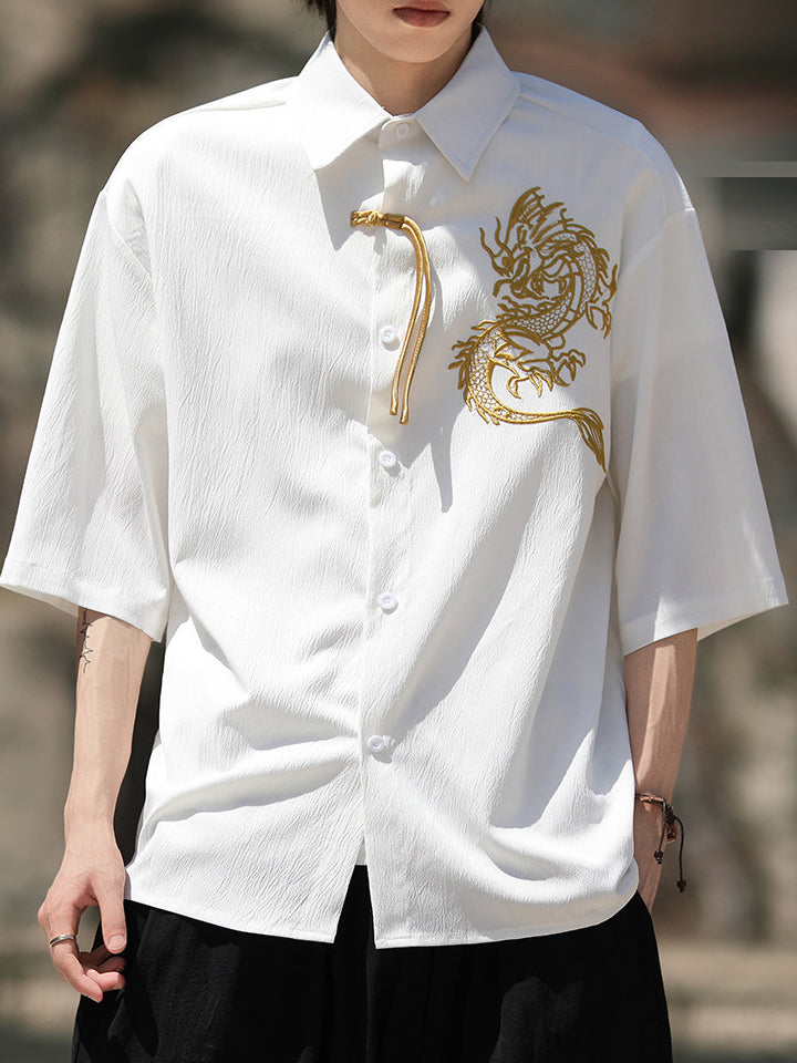 Men's Summer Chinese Style Loose Fit Dragon Embroidered Shirts