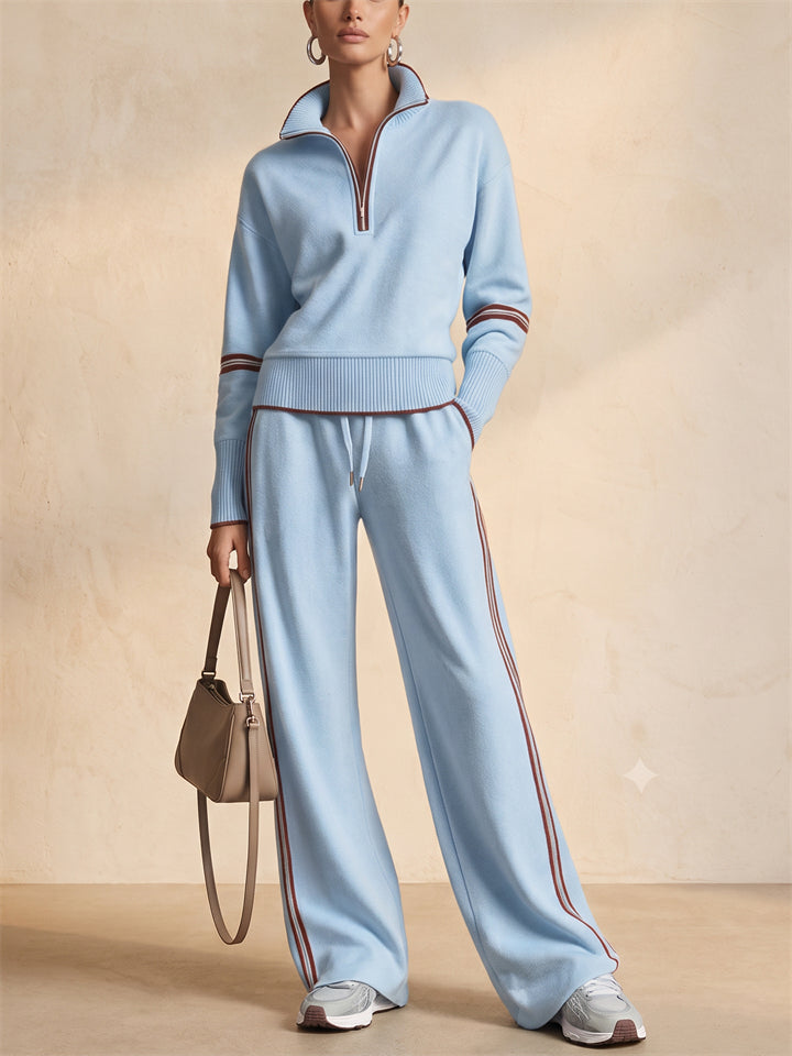 Women Stylish Contrast Trim Half Zip Top Wide Leg Pants Two Piece Tracksuit
