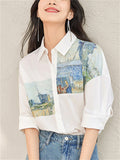 Women's Elegant Painting Print Lapel Short Sleeve Shirts