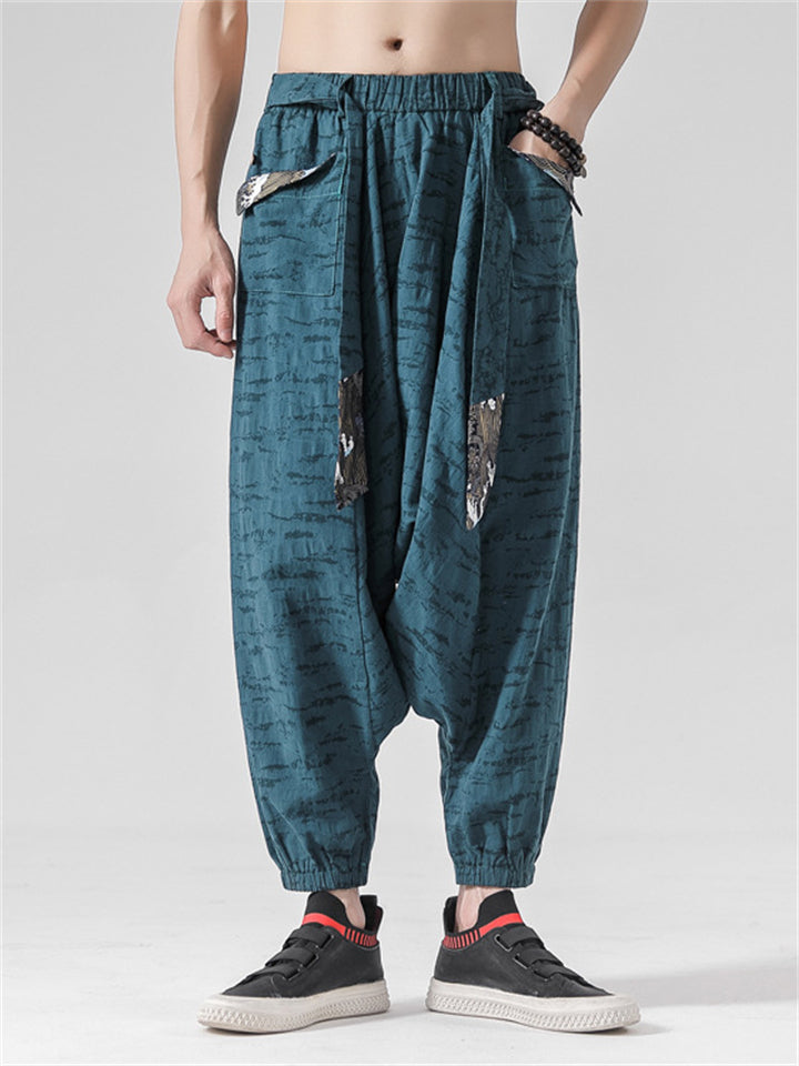 Chinese Style Men's Patchwork Harem Pants with Decorative Belt